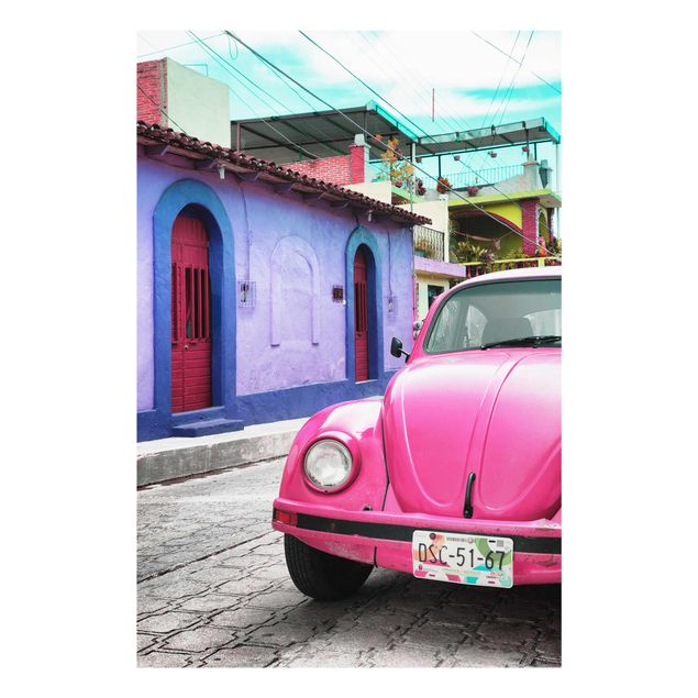 Glasbild Stadt Pink VW Beetle