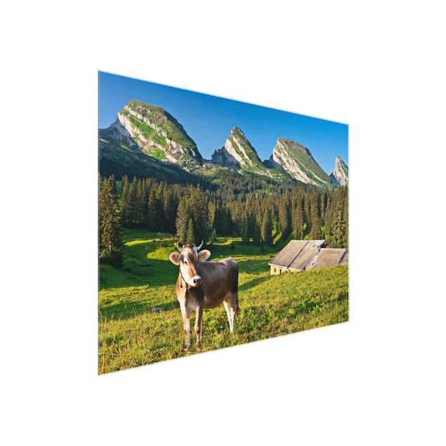 Wandbilder Bäume Schweizer Almwiese mit Kuh