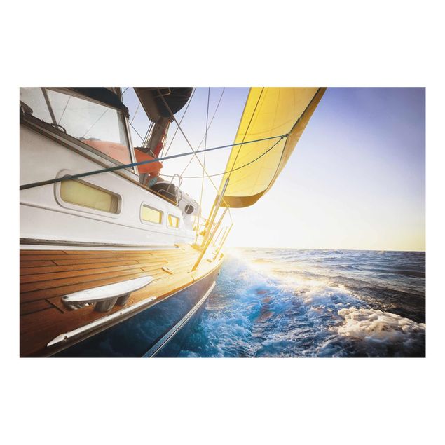 Glasbilder Strand Segelboot auf blauem Meer bei Sonnenschein