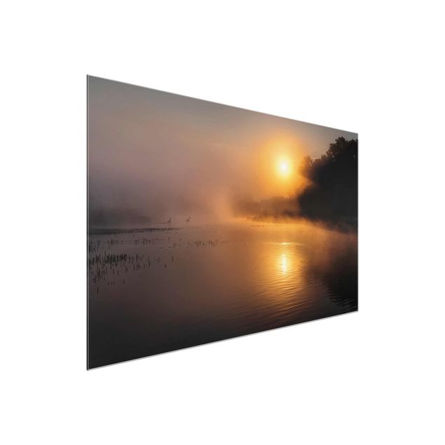 Wandbilder Natur Sonnenaufgang am See mit Rehen im Nebel