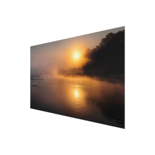 Wandbilder Braun Sonnenaufgang am See mit Rehen im Nebel