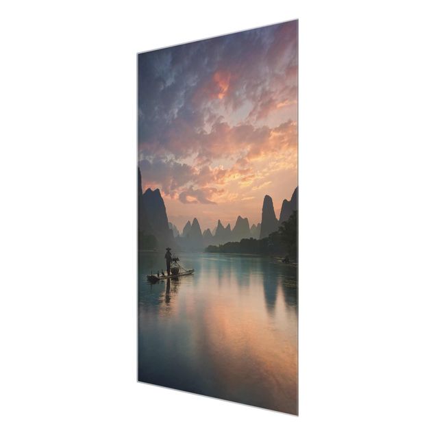 Glasbilder Landschaften Sonnenaufgang über chinesischem Fluss
