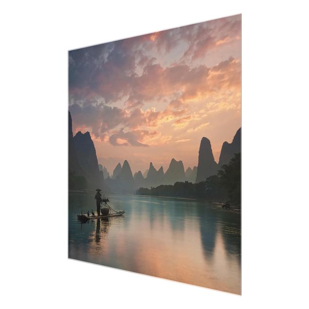 Glasbilder Natur Sonnenaufgang über chinesischem Fluss
