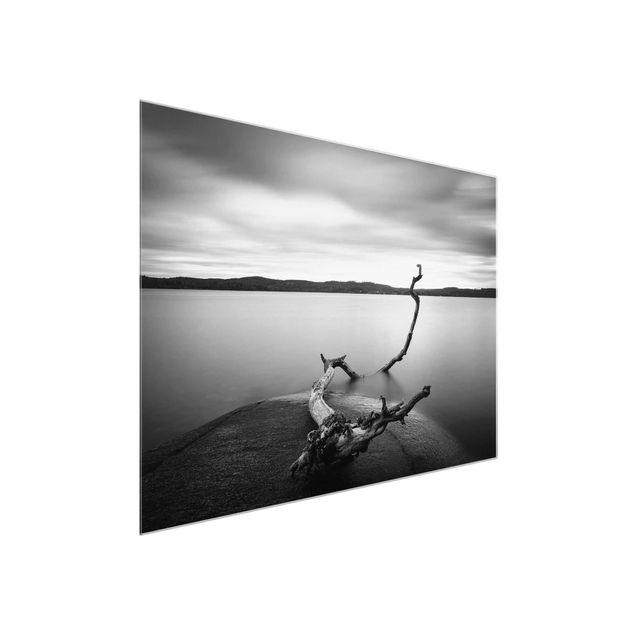 Glasbild schwarz-weiß Sonnenuntergang am See schwarz-weiß