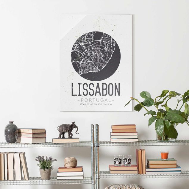 Glasbild mit Spruch Stadtplan Lissabon - Retro