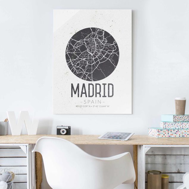 Glasbild mit Spruch Stadtplan Madrid - Retro