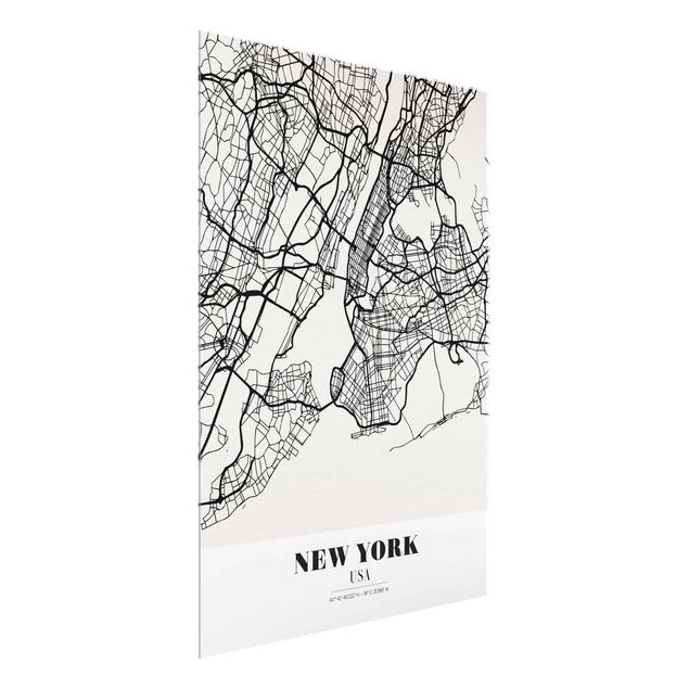 Glasbild schwarz-weiß Stadtplan New York - Klassik