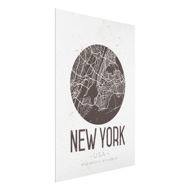 schwarz weiß Glasbilder Stadtplan New York - Retro