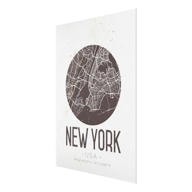 Weltkarte Glasbild Stadtplan New York - Retro