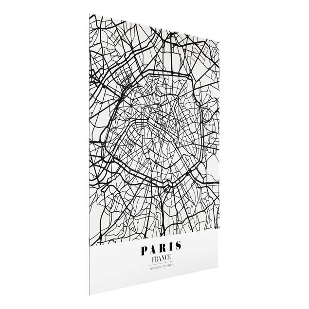 Glasbilder Schwarz-Weiß Stadtplan Paris - Klassik
