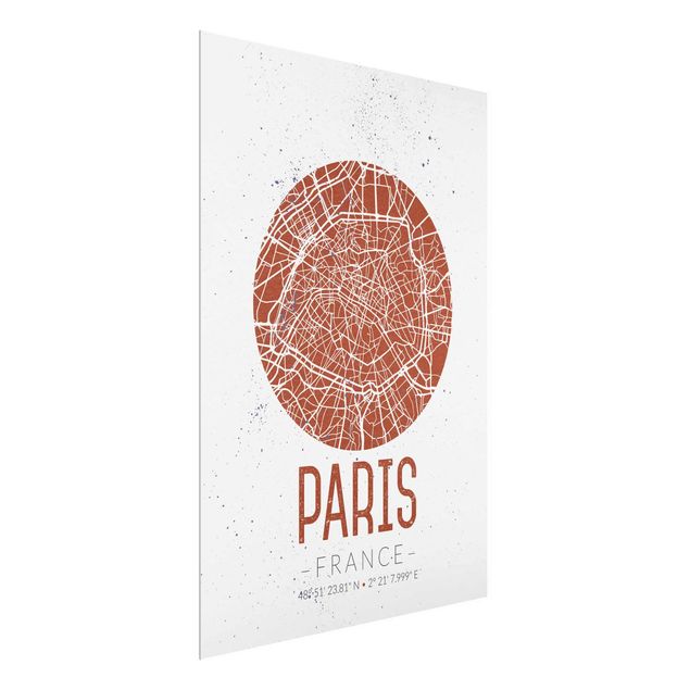 Glasbild schwarz-weiß Stadtplan Paris - Retro