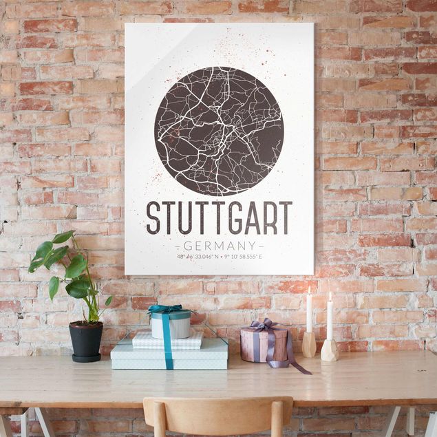 Glasbild schwarz-weiß Stadtplan Stuttgart - Retro