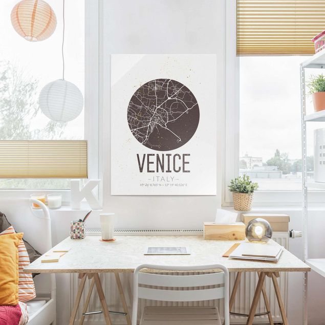 Glasbild mit Spruch Stadtplan Venice - Retro