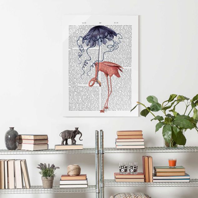 Glasbild mit Spruch Tierlektüre - Flamingo mit Regenschirm