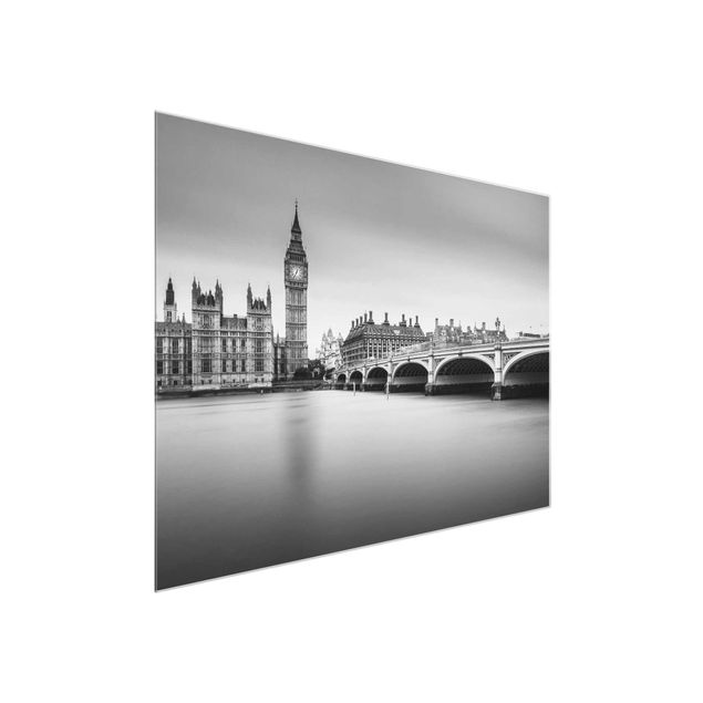 Glasbild schwarz-weiß Westminster Brücke und Big Ben