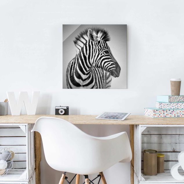 Glasbilder Schwarz-Weiß Zebra Baby Portrait II