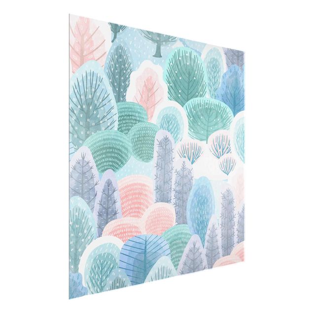 Glasbilder Blumen Motive Glücklicher Wald in Pastell