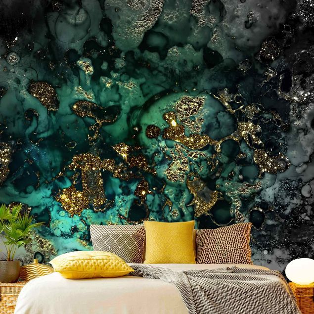 Wanddeko Küche Goldene Meeres-Inseln Abstrakt