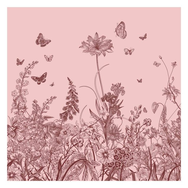 Fototapete rosa Große Blumen mit Schmetterlingen auf Rosa