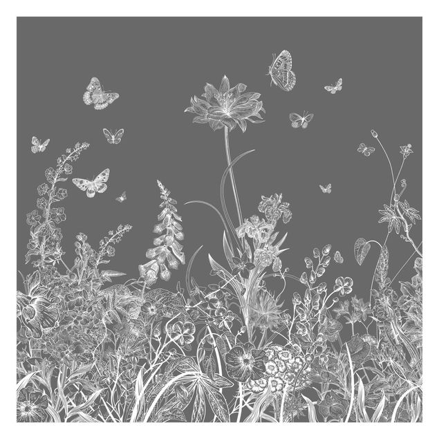 Fototapete grau Große Blumen mit Schmetterlingen in Grau