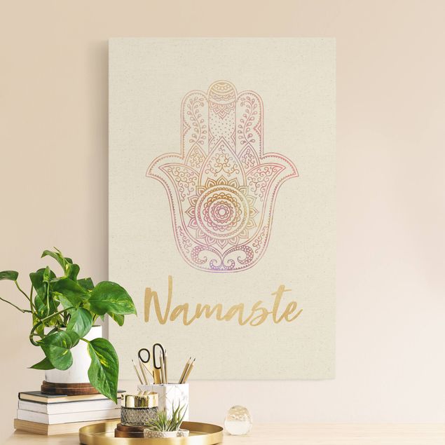 Leinwand mit Spruch Hamsa Hand Illustration Namaste gold rosa