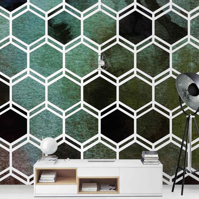 Tapeten Modern Hexagonträume Aquarell in Grün