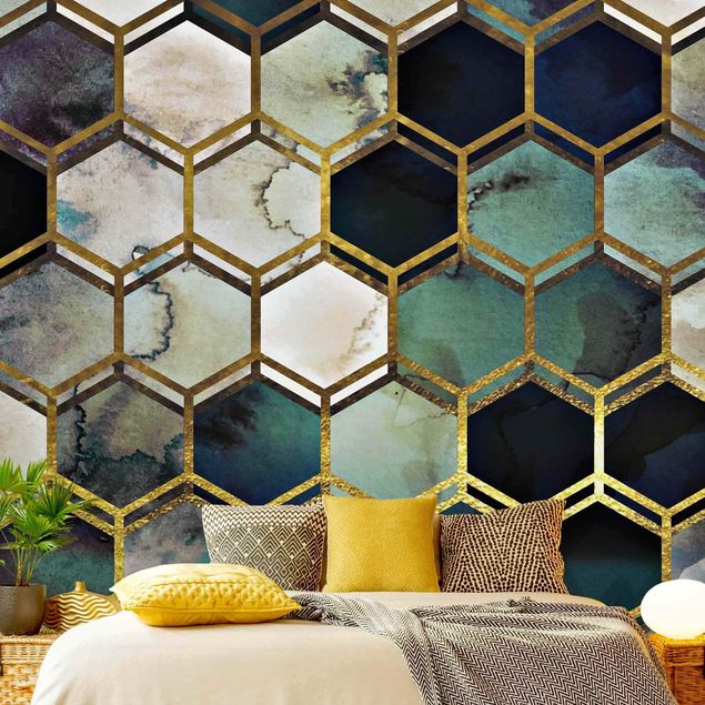 Wanddeko Küche Hexagonträume Aquarell mit Gold