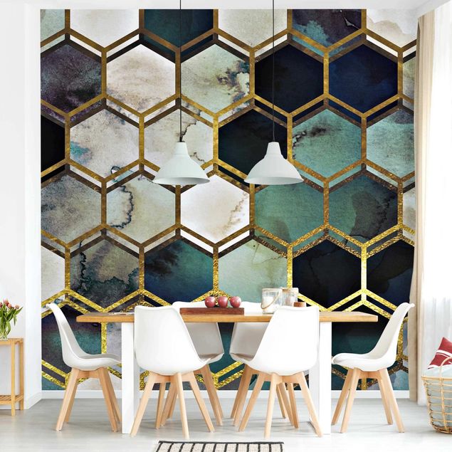 moderne Fototapete Hexagonträume Aquarell mit Gold