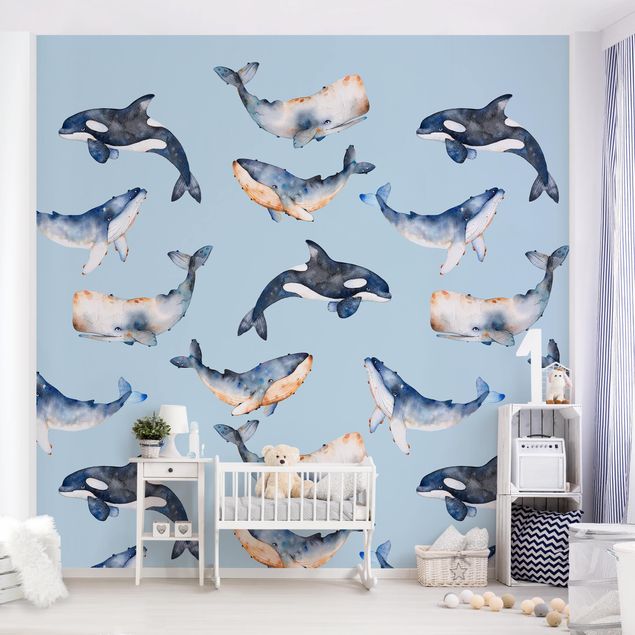 Kinderzimmer Deko Illustrierte Wale als Aquarell