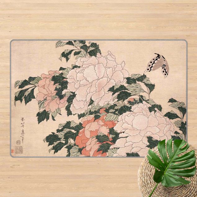 Moderne Teppiche Katsushika Hokusai - Rosa Pfingstrosen mit Schmetterling