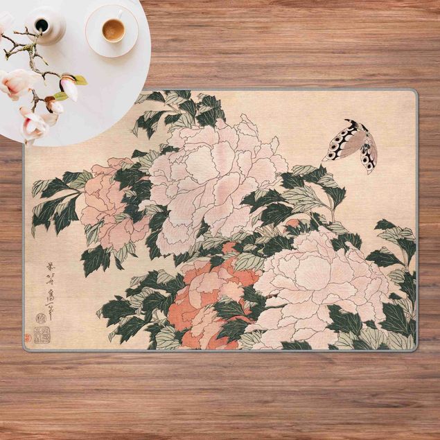 Teppich Blumen Katsushika Hokusai - Rosa Pfingstrosen mit Schmetterling