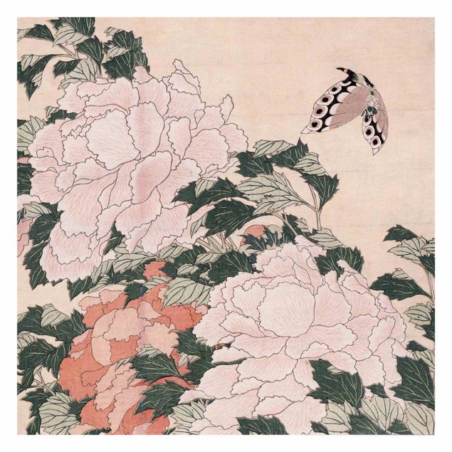 moderne Fototapete Katsushika Hokusai - Rosa Pfingstrosen mit Schmetterling