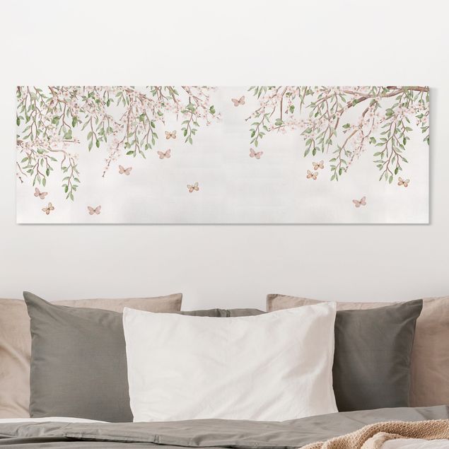 Wanddeko Küche Kirschblüte im Flügelspiel der Schmetterlinge