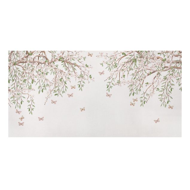 Blumenbilder auf Leinwand Kirschblüte im Flügelspiel der Schmetterlinge