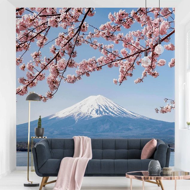moderne Fototapete Kirschblüten mit Berg Fuji