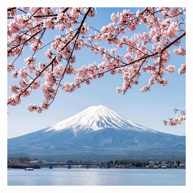 Wandtapete blau Kirschblüten mit Berg Fuji