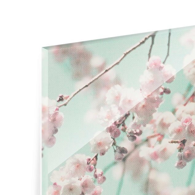 Glasbilder Kirschblütentanz auf Leinenstruktur