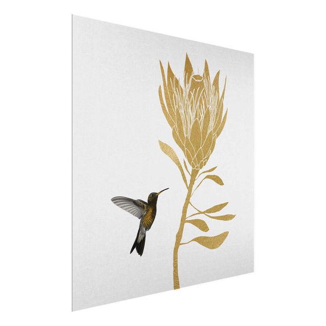 Wandbilder Blumen Kolibri und tropische goldene Blüte