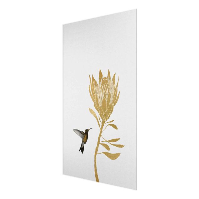 Glas Wandbilder Kolibri und tropische goldene Blüte