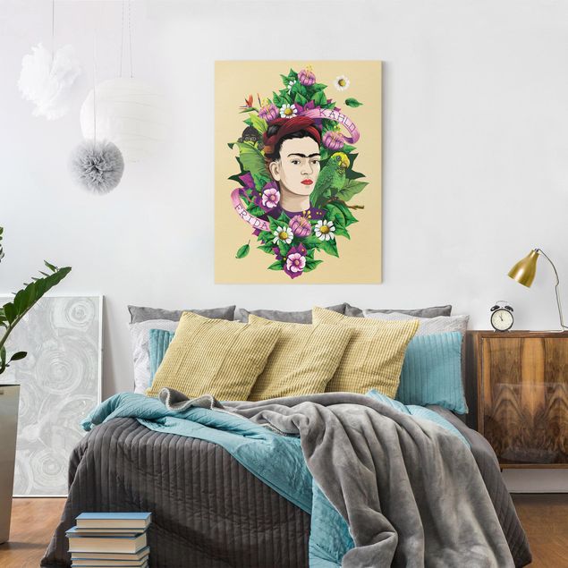 Leinwand Kunst Frida Kahlo - Frida, Äffchen und Papagei