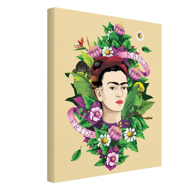 Wandbilder Portrait Frida Kahlo - Frida, Äffchen und Papagei