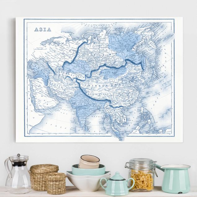 Wanddeko Küche Karte in Blautönen - Asien