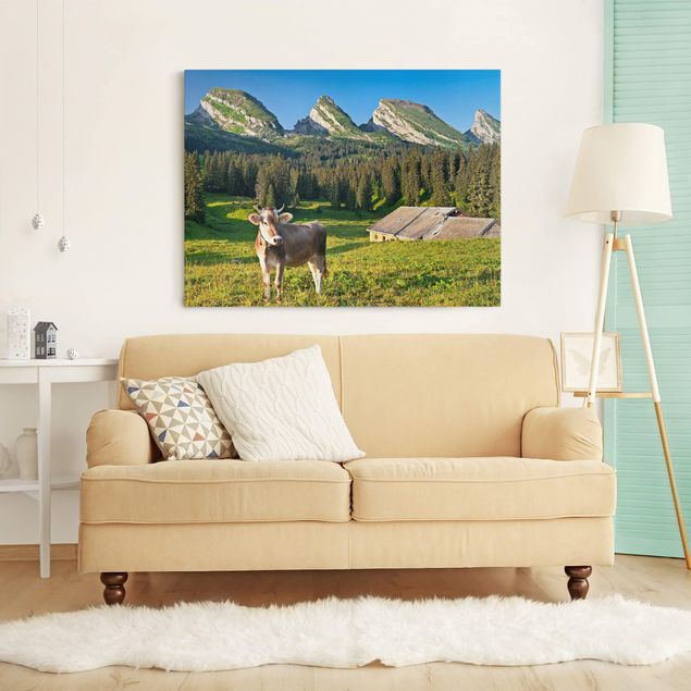 Leinwandbilder Berge Schweizer Almwiese mit Kuh