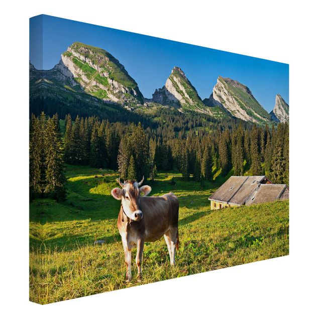 Wandbilder Bäume Schweizer Almwiese mit Kuh
