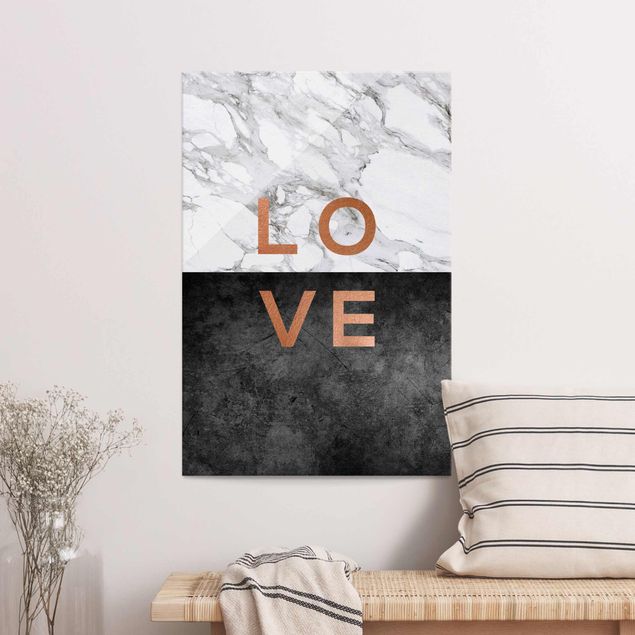 Glasbild schwarz-weiß Love Kupfer und Marmor