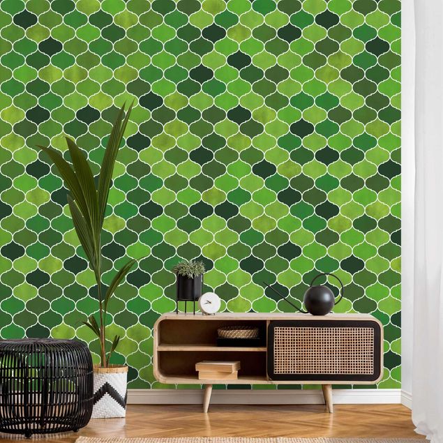 Tapete geometrisch Marokkanisches Aquarell Muster Grün