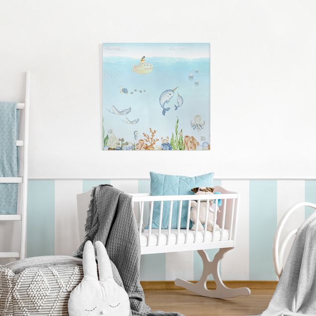 Wandbilder Fische Narwalfamilie mit Freunden