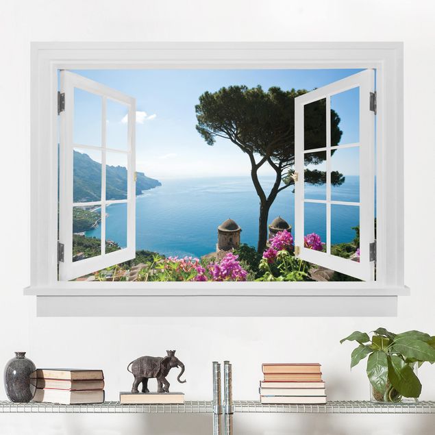 Autocolantes de parede Ilhas Offenes Fenster Ausblick vom Garten aufs Meer