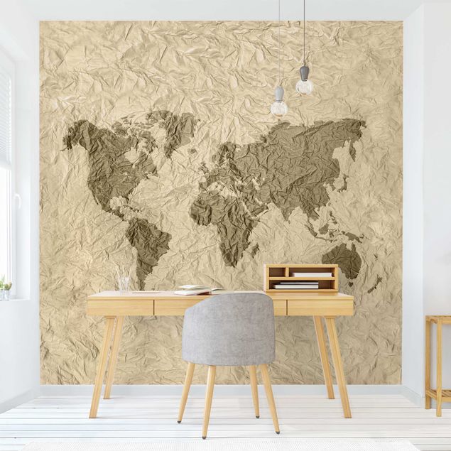 Wanddeko Küche Papier Weltkarte Beige Braun