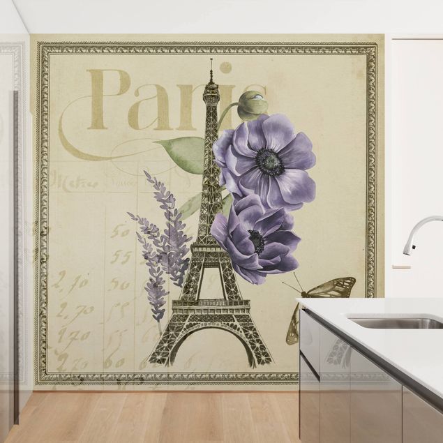 Tapete Blumen Paris Collage Eiffelturm